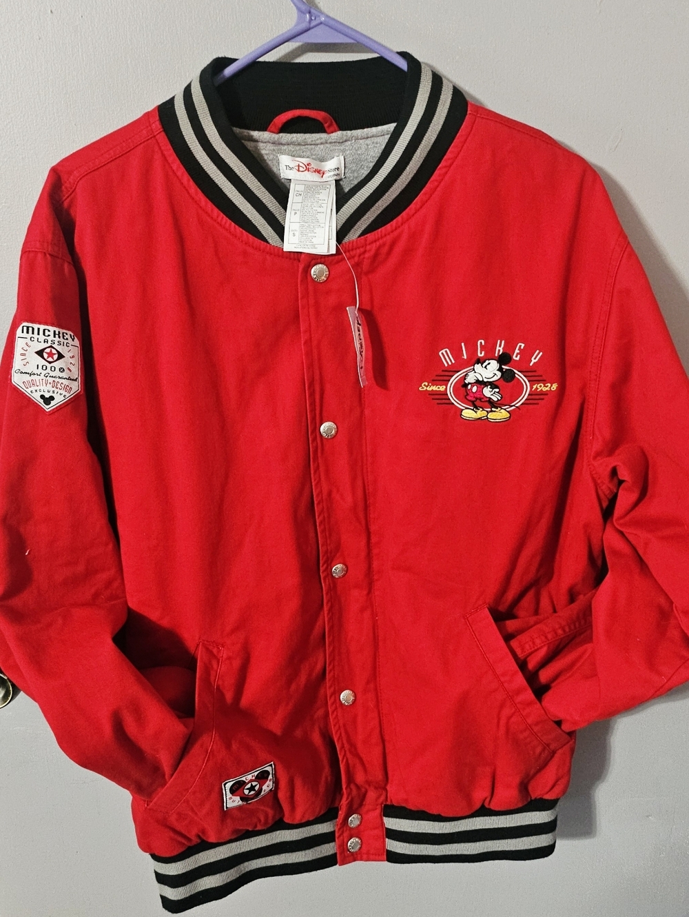 NWT Vintage Disney Store Mickey Mouse Embroidered Red Varsity Jacket Size Small